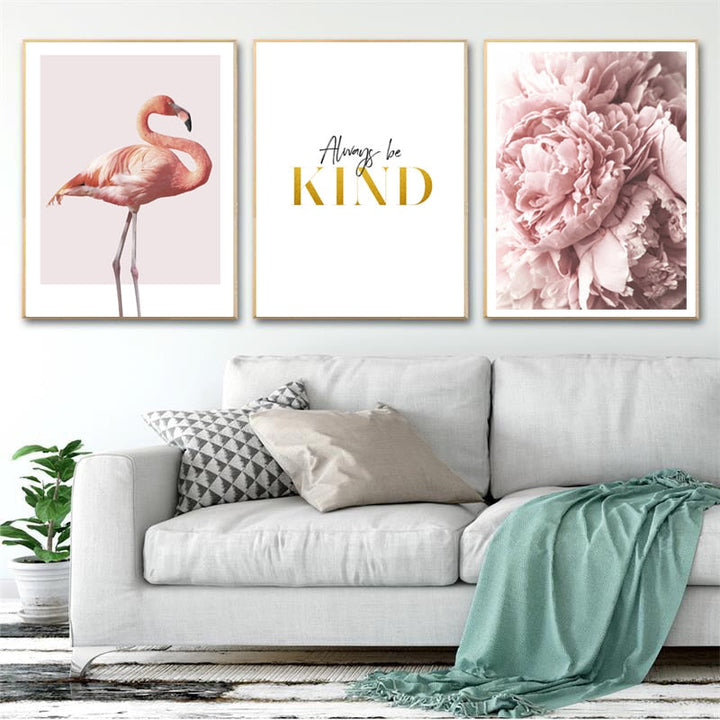 Moderne lerretbilde med rosa flamingoer og pærer
