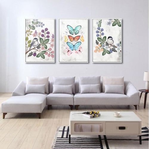 Nordisk vintage lerretsbilde med blomster, fugler og sommerfugler