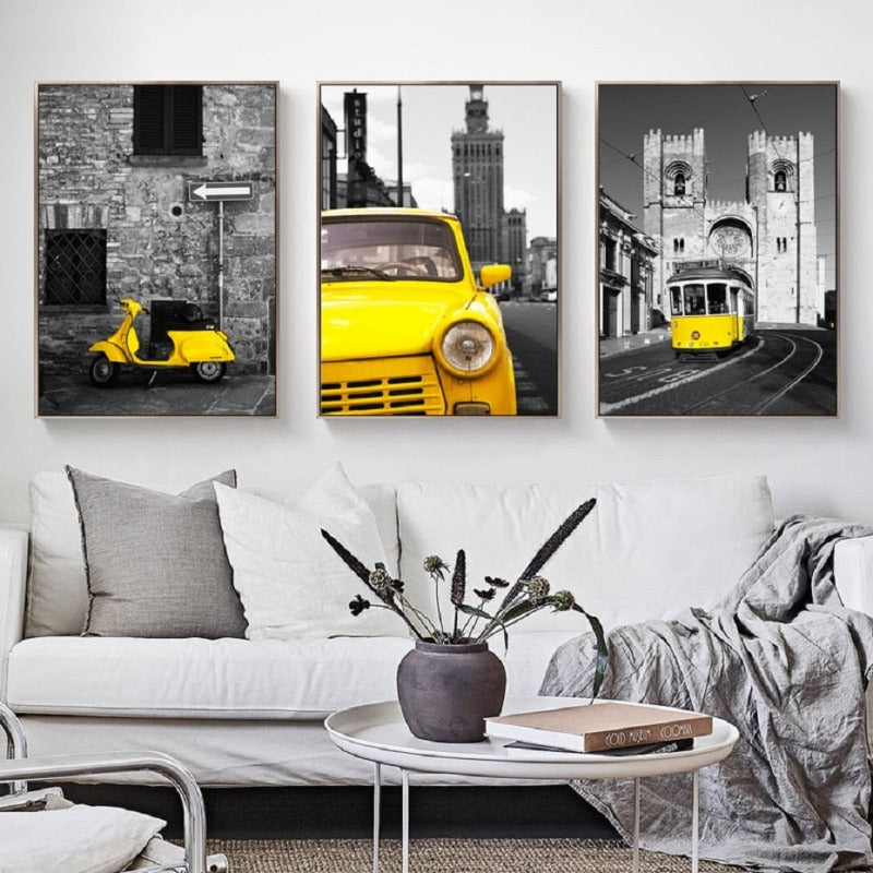 Vintage-scene med gul bybuss – lerretsbilde