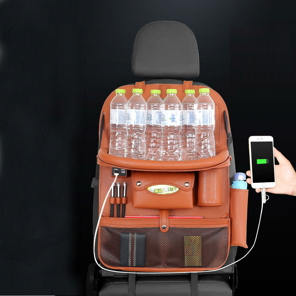 Skanto | Multifunksjonell Bilstolrygg Stor Kapasitet Oppbevaringsveske med 4 USB Ladeporter, Utstrakt Brett, Nettbrett Holder, Tissue Oppbevaring, Kopp Holder, Stor Oppbevaringsveske og Mer