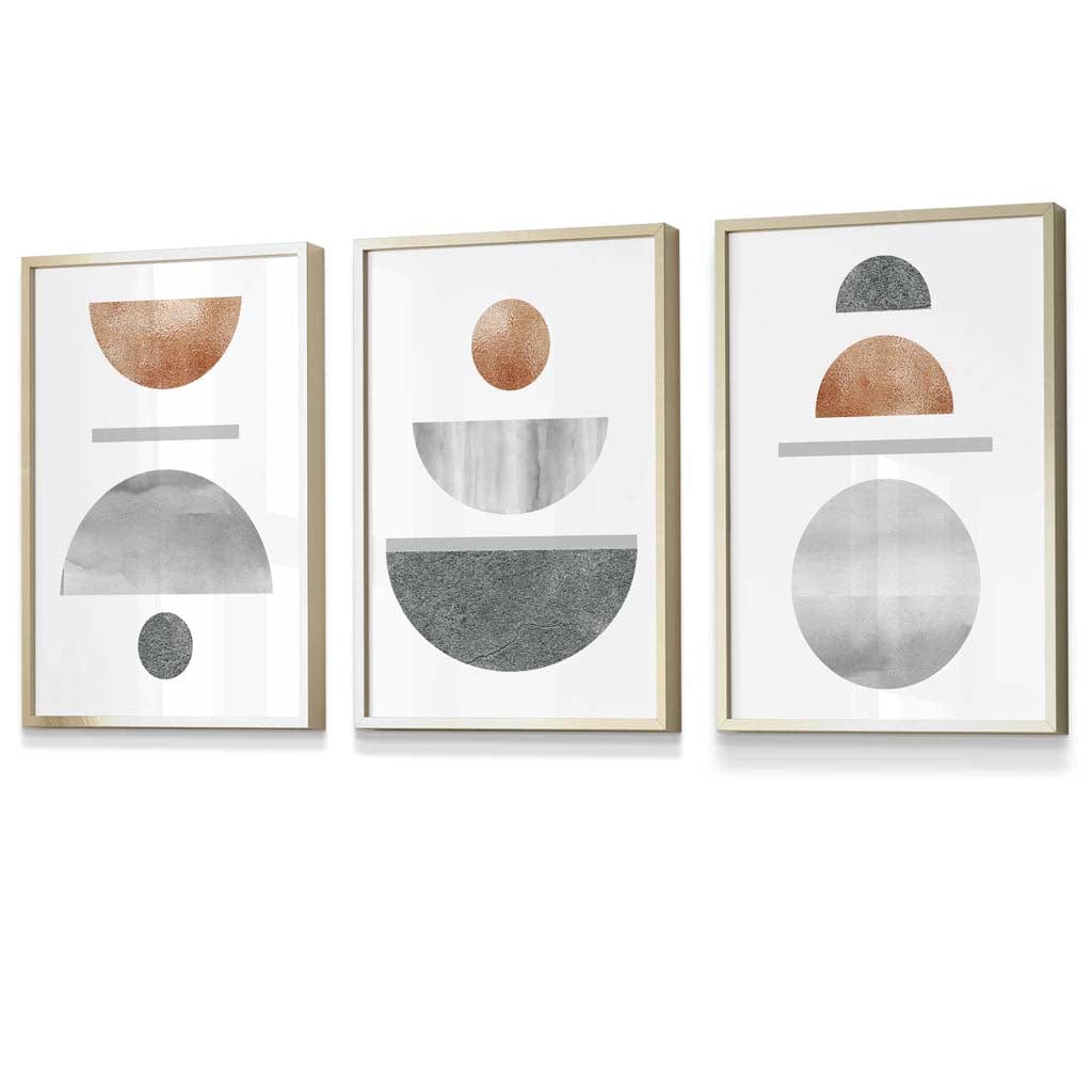 Kobber og grått abstrakt geometrisk design fra midten av århundret, 3-delt innrammet veggkunstsett