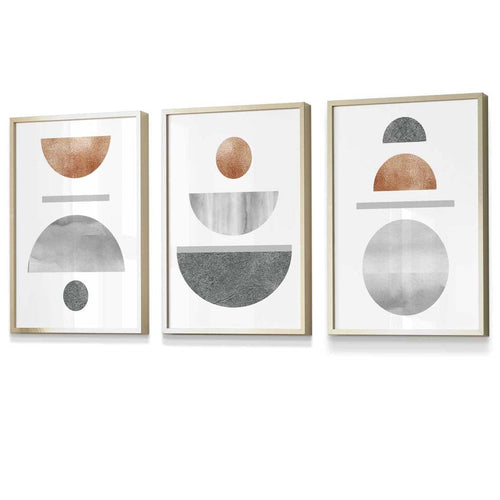 Kobber og grått abstrakt geometrisk design fra midten av århundret, 3-delt innrammet veggkunstsett