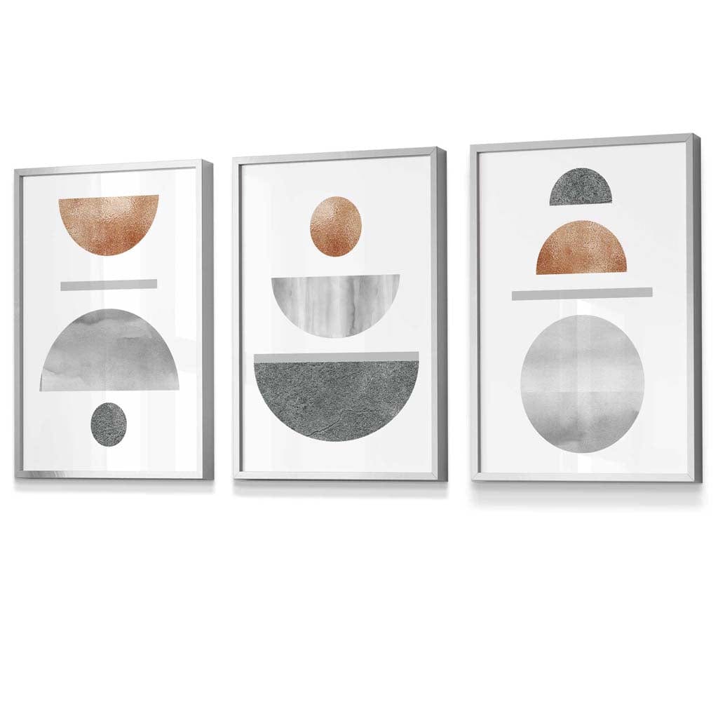 Kobber og grått abstrakt geometrisk design fra midten av århundret, 3-delt innrammet veggkunstsett