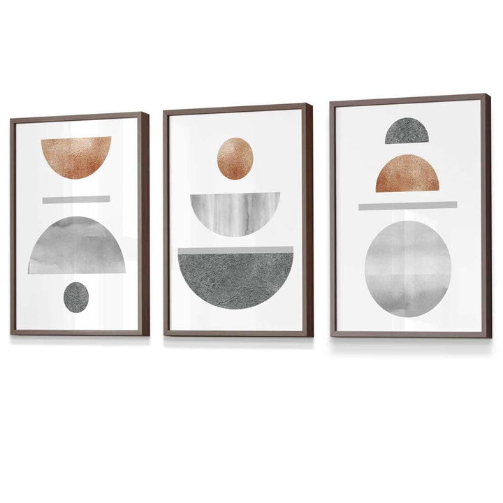 Kobber og grått abstrakt geometrisk design fra midten av århundret, 3-delt innrammet veggkunstsett
