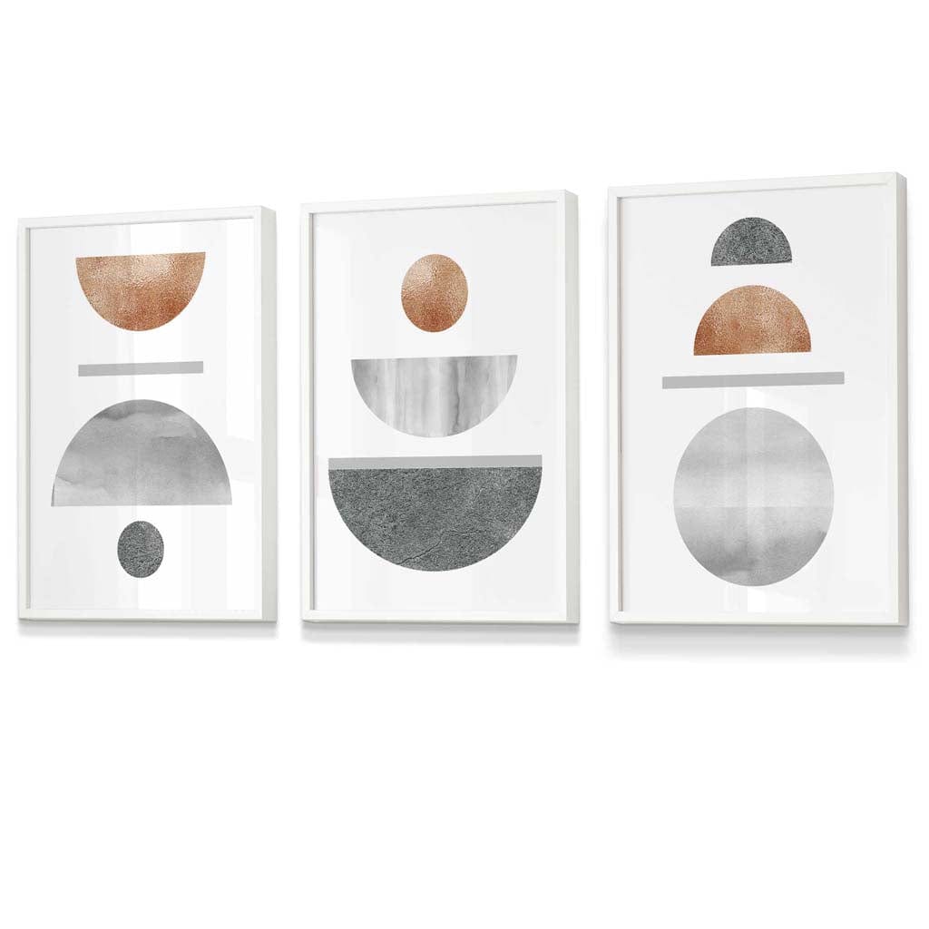 Kobber og grått abstrakt geometrisk design fra midten av århundret, 3-delt innrammet veggkunstsett