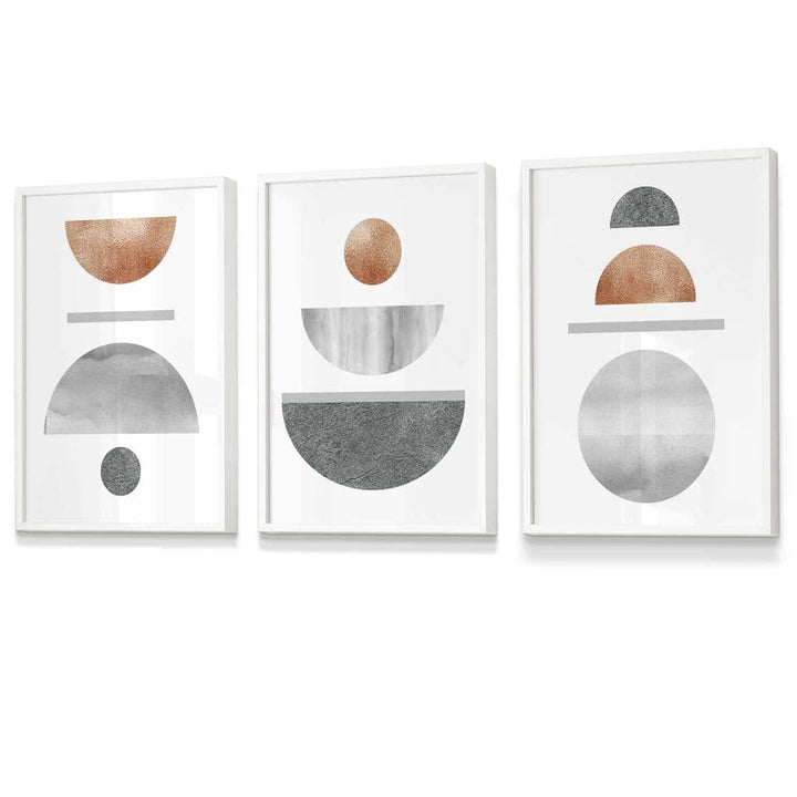 Kobber og grått abstrakt geometrisk design fra midten av århundret, 3-delt innrammet veggkunstsett