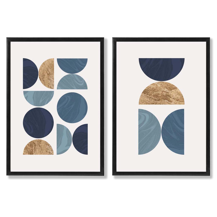 Sett med 2 kunsttrykk i geometrisk mid-century-stil i blått og gull