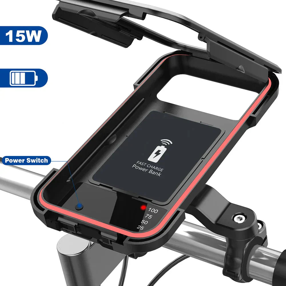 Skanto | RideCharge Pro – Vanntett telefonholder med USB og 15W trådløs lading for sykkel og elsykkel