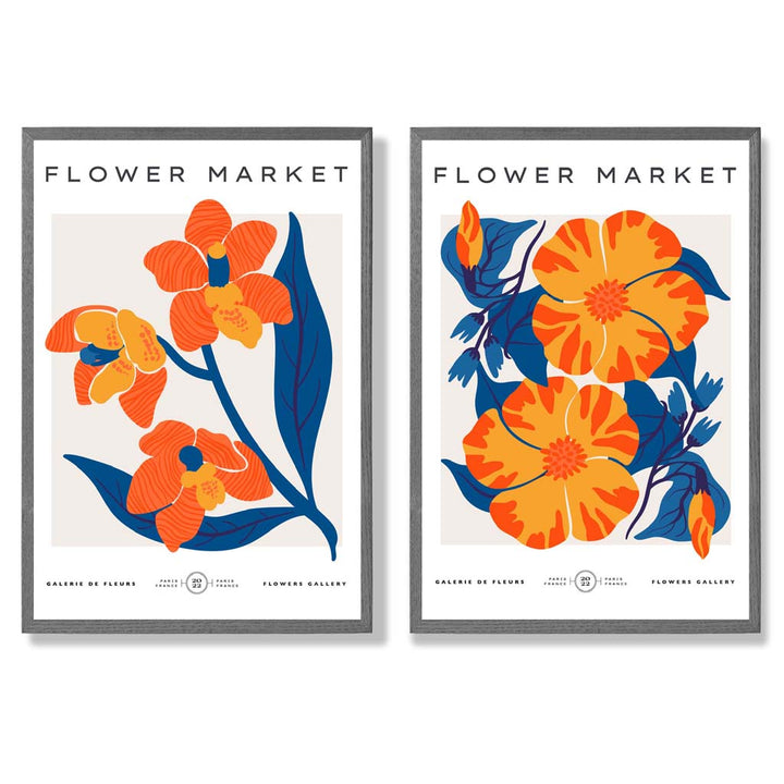 Sett med 2 innrammede kunsttrykk med motivet «Vårblomstermarked» i knalloransje og blått