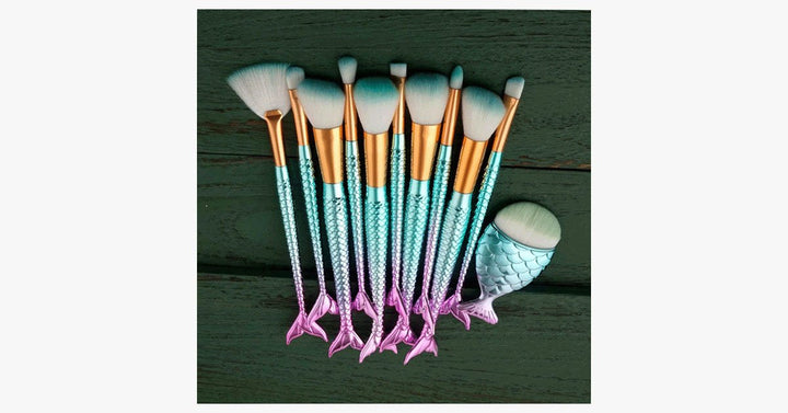 Skanto | Havfrue Sminkekostsett med GRATIS Konturkost - Profesjonell Kosmetikkost for Øyenskygge, Eyeliner, Rouge & Concealer