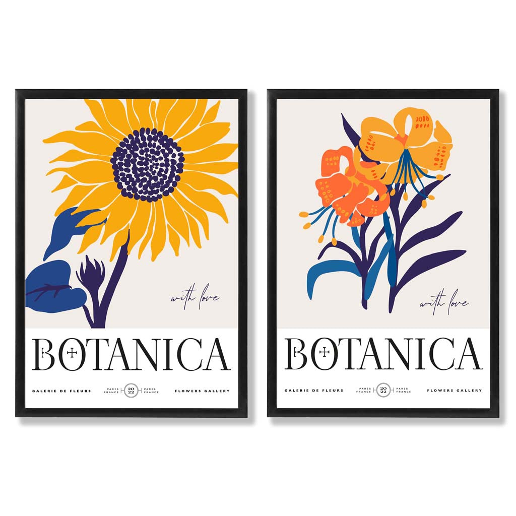 Sommerblomstermarked i blått og gult – innrammet sett med 2 kunsttrykk
