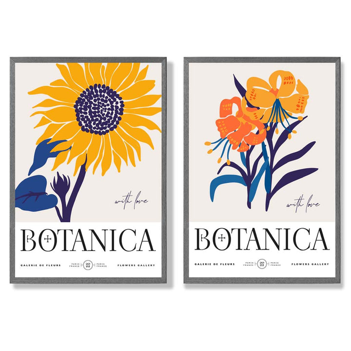 Sommerblomstermarked i blått og gult – innrammet sett med 2 kunsttrykk