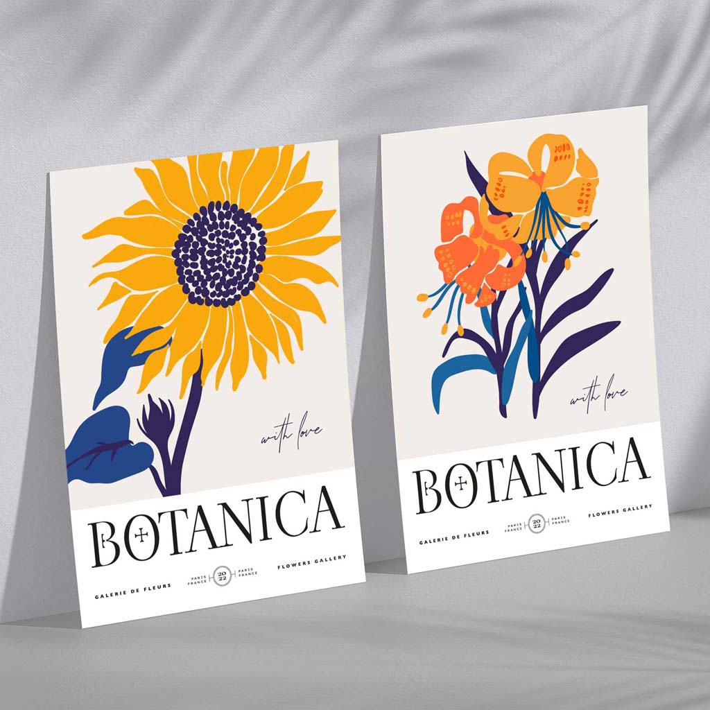 Sommerblomstermarked i blått og gult – 2 kunsttrykk