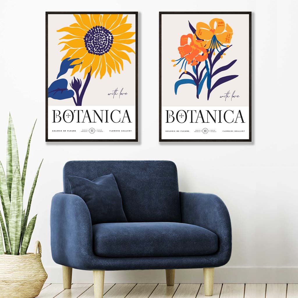 Sommerblomstermarked i blått og gult – 2 kunsttrykk