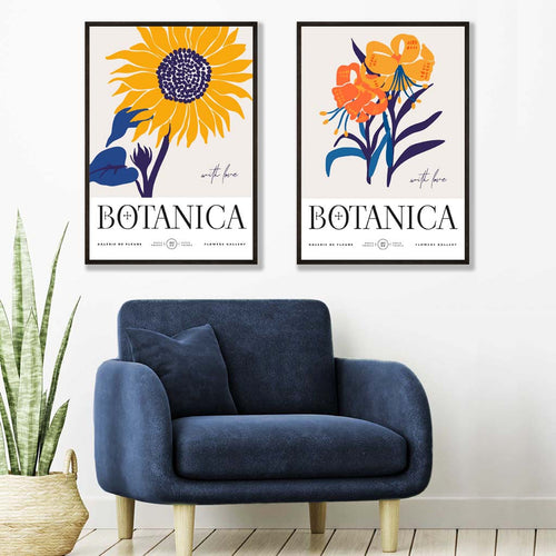 Sommerblomstermarked i blått og gult – innrammet sett med 2 kunsttrykk