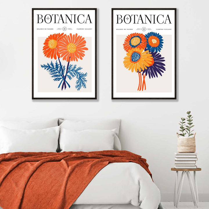 Lys oransje og blå: Sommerblomstermarked – 2 kunsttrykk