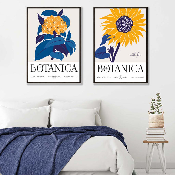 Sett med 2 kunsttrykk med blå og gule solsikker