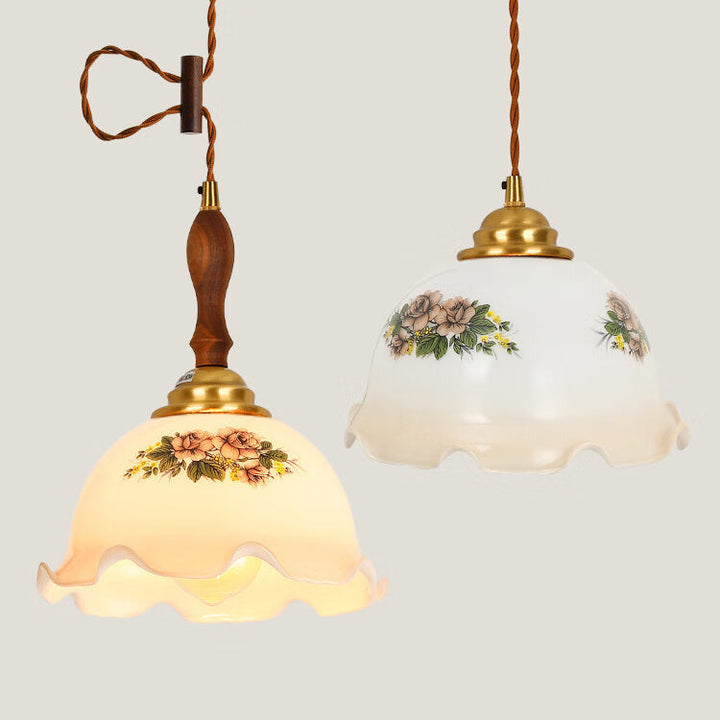 Skanto | Tradisjonell Vintage Messing Snor Valnøtt Glass Blomst Buet 1-Lykt Pendellampe For Spiserom