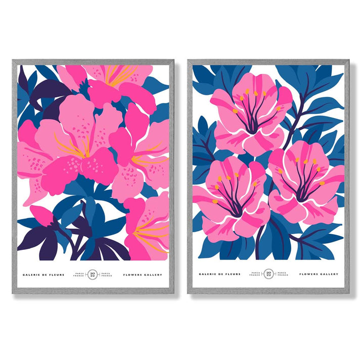 Lyseblått og rosa motiv av vårblomstermarked, innrammet sett med 2 kunsttrykk