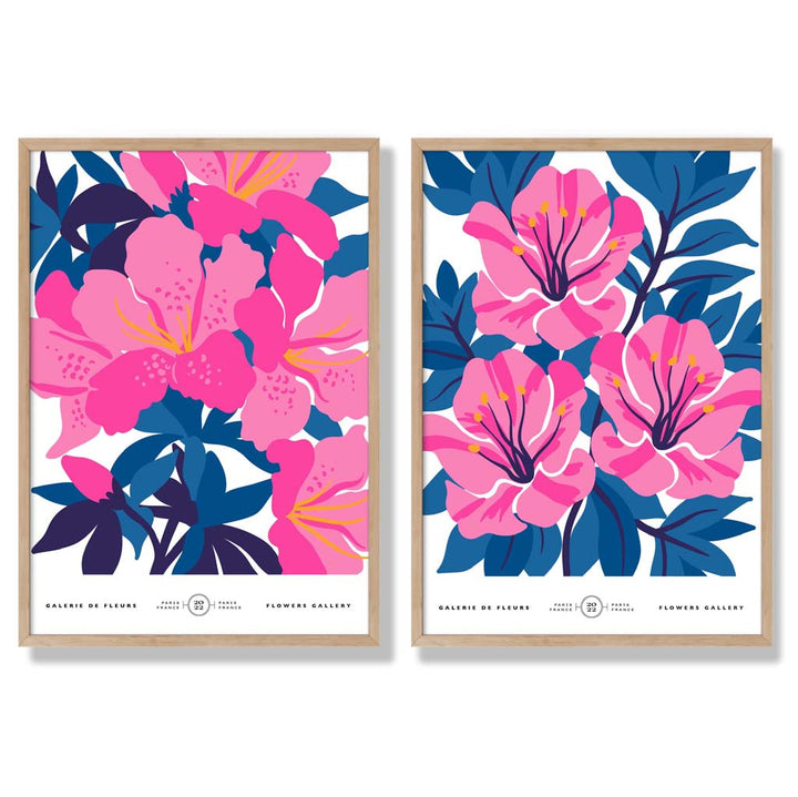 Lyseblått og rosa motiv av vårblomstermarked, innrammet sett med 2 kunsttrykk