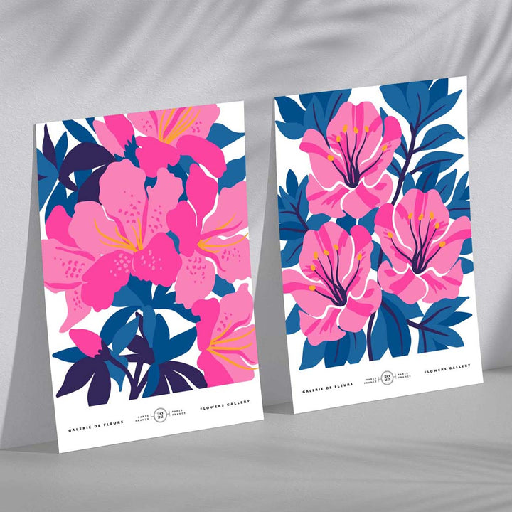 Lyseblått og rosa motiv av vårblomstermarked, innrammet sett med 2 kunsttrykk