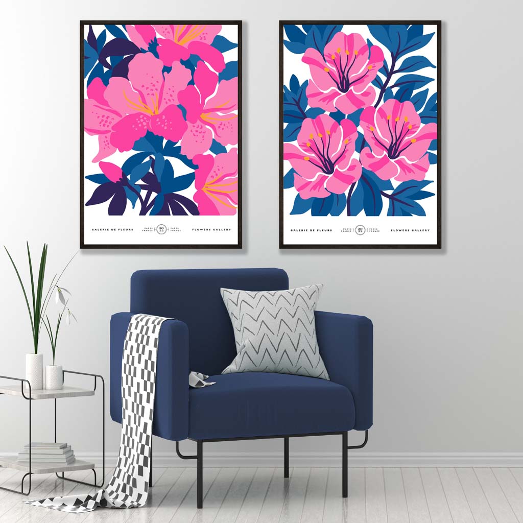 Lyseblått og rosa motiv av vårblomstermarked, innrammet sett med 2 kunsttrykk