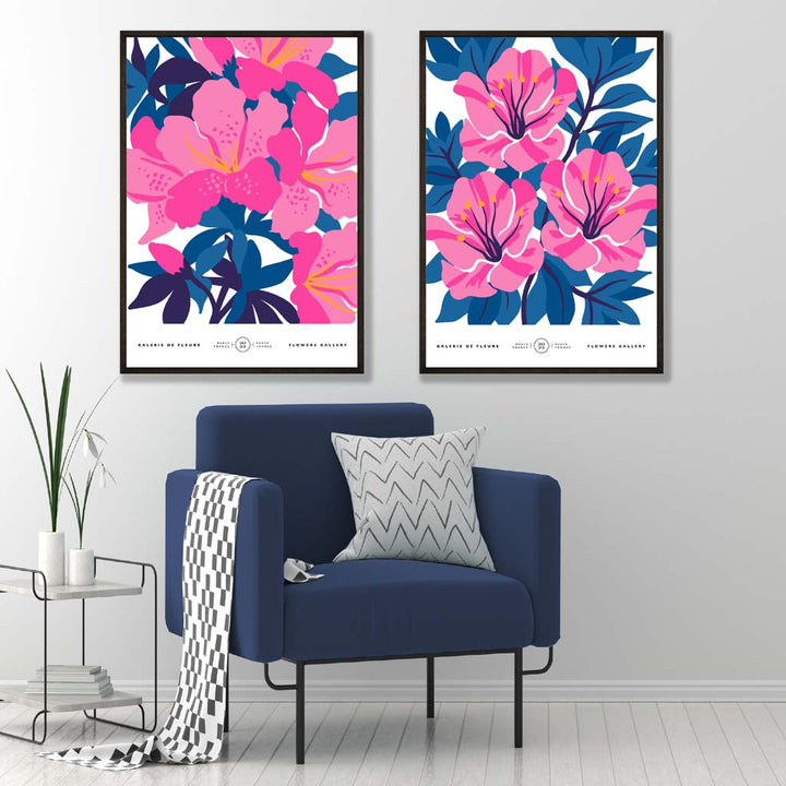 Lyseblått og rosa motiv av vårblomstermarked, innrammet sett med 2 kunsttrykk