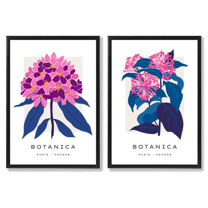 Sett med 2 innrammede kunsttrykk med motivet «Sommerblomstermarked» i knallrosa og blått