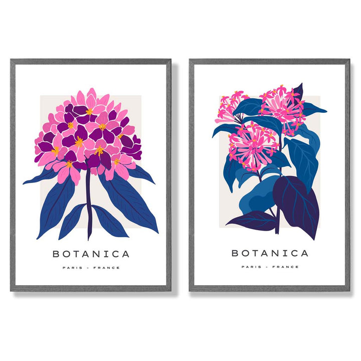 Sett med 2 innrammede kunsttrykk med motivet «Sommerblomstermarked» i knallrosa og blått
