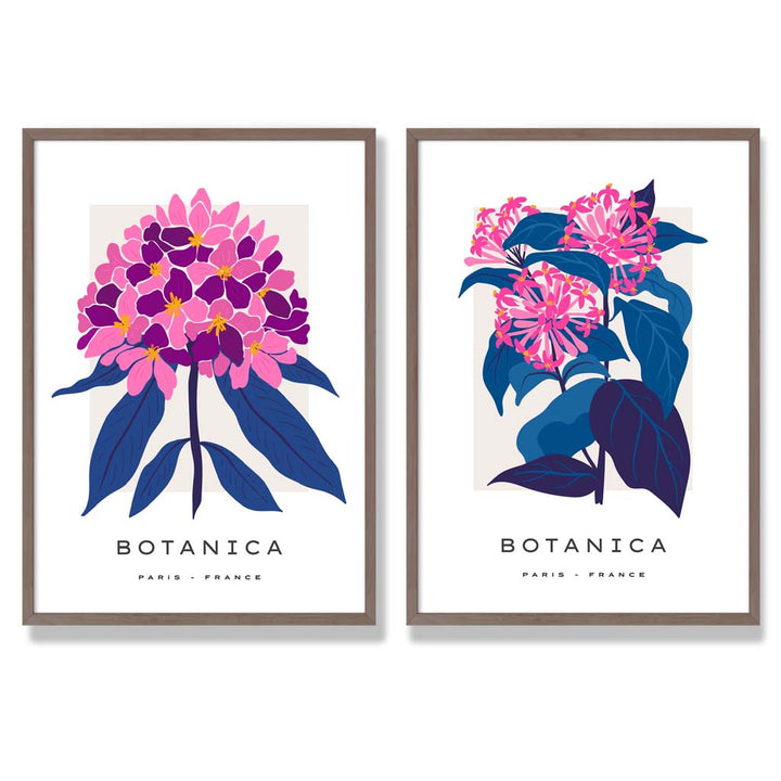 Sett med 2 innrammede kunsttrykk med motivet «Sommerblomstermarked» i knallrosa og blått