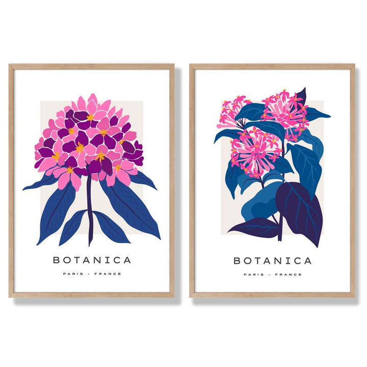 Sett med 2 innrammede kunsttrykk med motivet «Sommerblomstermarked» i knallrosa og blått