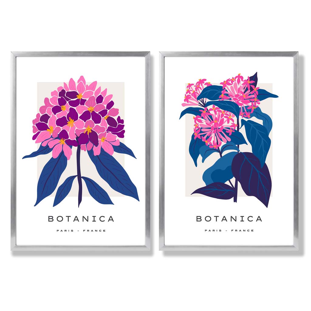 Sett med 2 innrammede kunsttrykk med motivet «Sommerblomstermarked» i knallrosa og blått