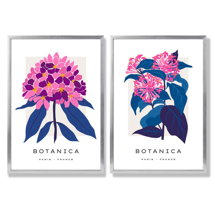 Sett med 2 innrammede kunsttrykk med motivet «Sommerblomstermarked» i knallrosa og blått