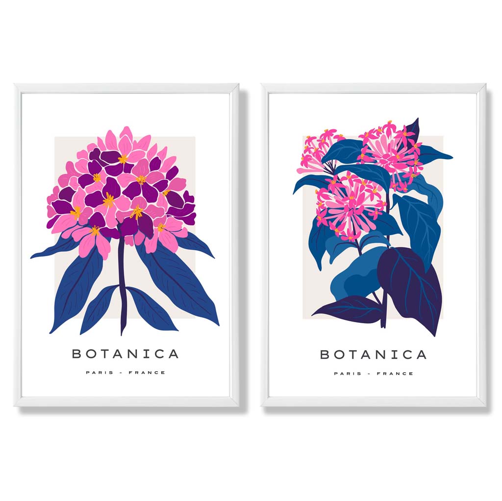 Sett med 2 innrammede kunsttrykk med motivet «Sommerblomstermarked» i knallrosa og blått