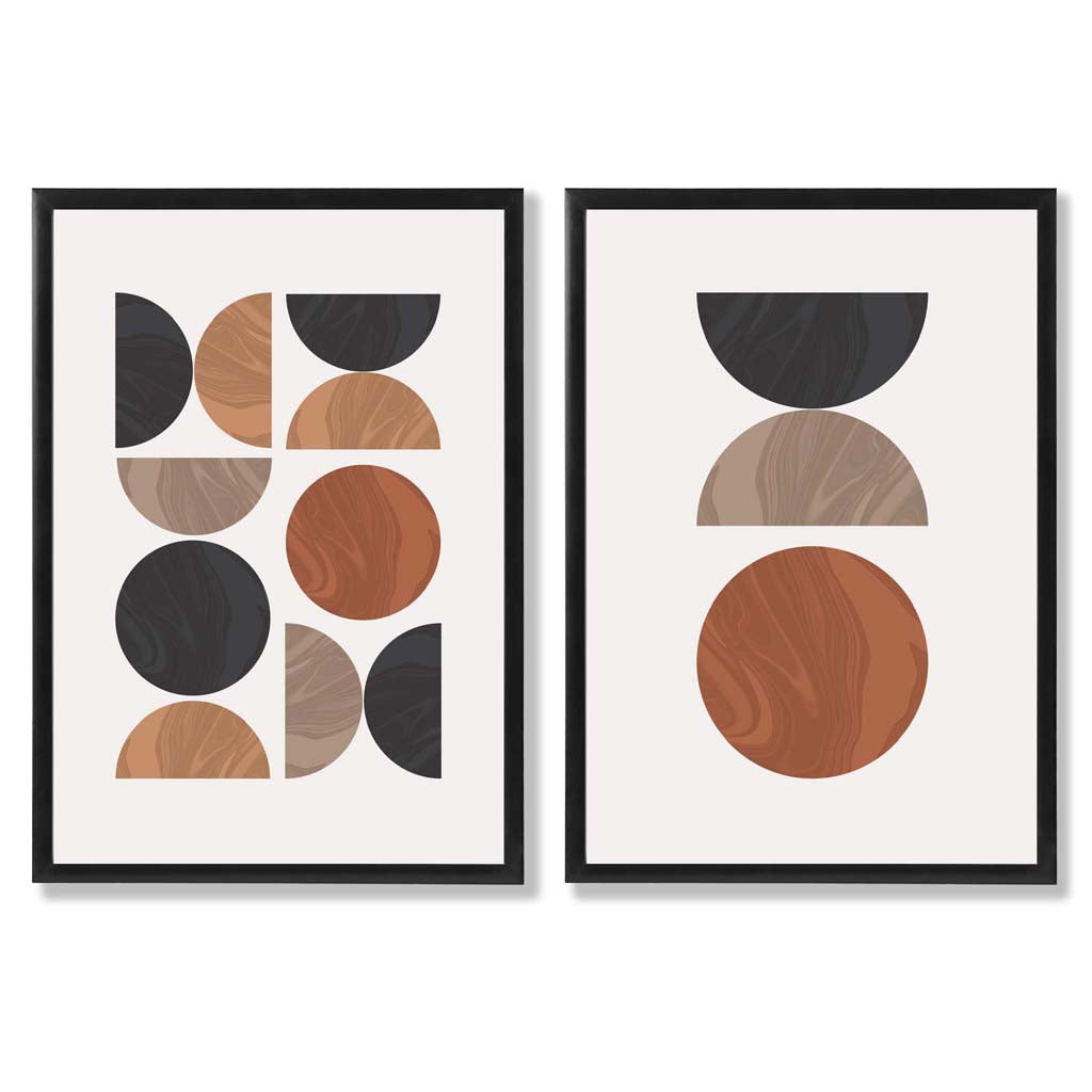 Sett med innrammede kunsttrykk i geometrisk mid-century-stil i svart og oransje (sett med 2)