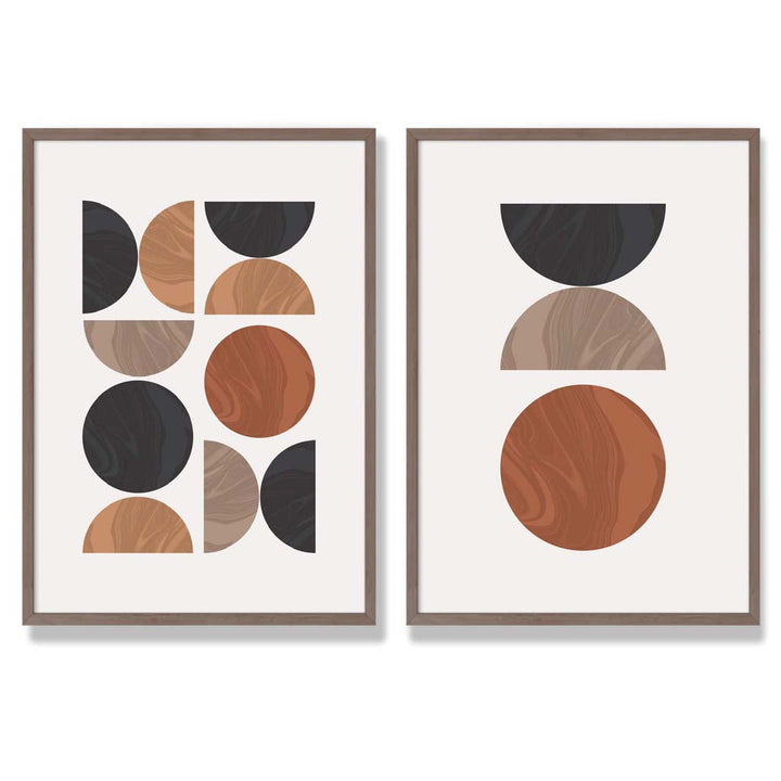 Sett med innrammede kunsttrykk i geometrisk mid-century-stil i svart og oransje (sett med 2)