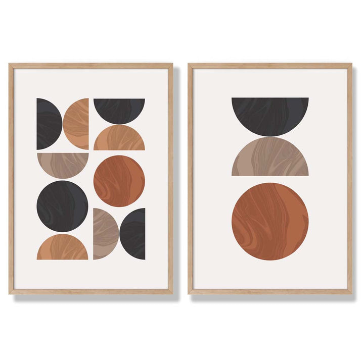 Sett med innrammede kunsttrykk i geometrisk mid-century-stil i svart og oransje (sett med 2)