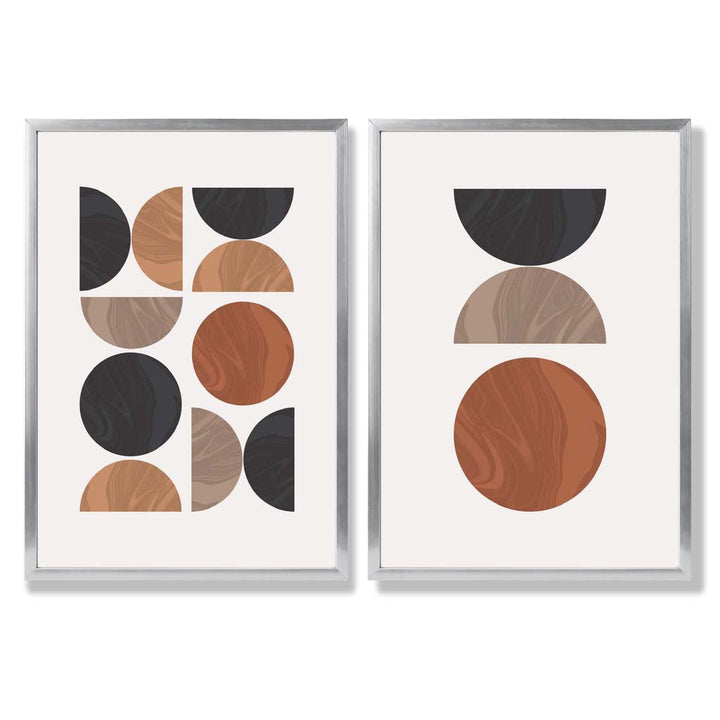 Sett med innrammede kunsttrykk i geometrisk mid-century-stil i svart og oransje (sett med 2)