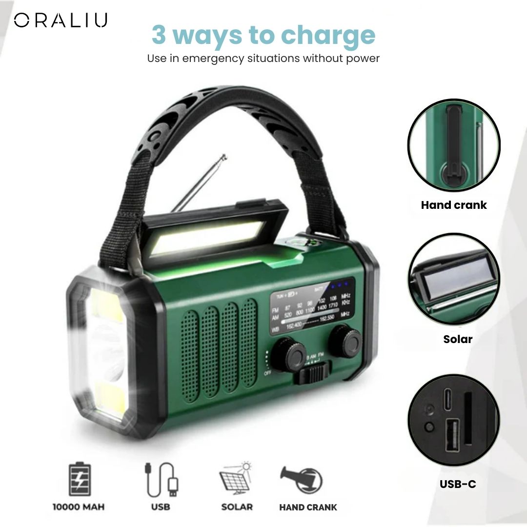 Skanto | Solcelle Nødradio med Power Bank – Håndspak og LED-lommelykt for Camping og Utendørsbruk