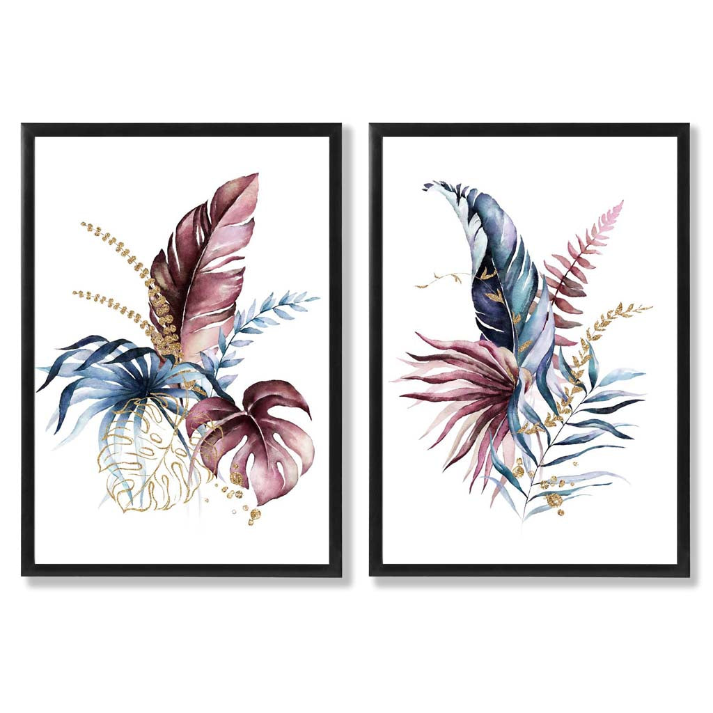 Abstrakt sett med 2 innrammede kunsttrykk med botaniske blader i rosa og blått