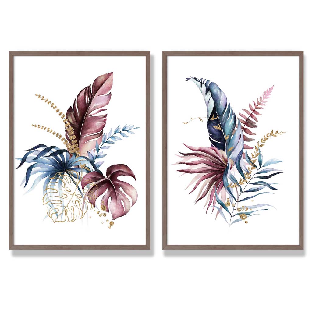 Abstrakt sett med 2 innrammede kunsttrykk med botaniske blader i rosa og blått