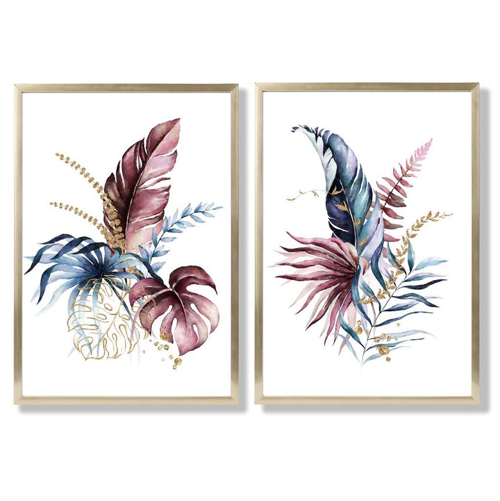 Abstrakt sett med 2 innrammede kunsttrykk med botaniske blader i rosa og blått