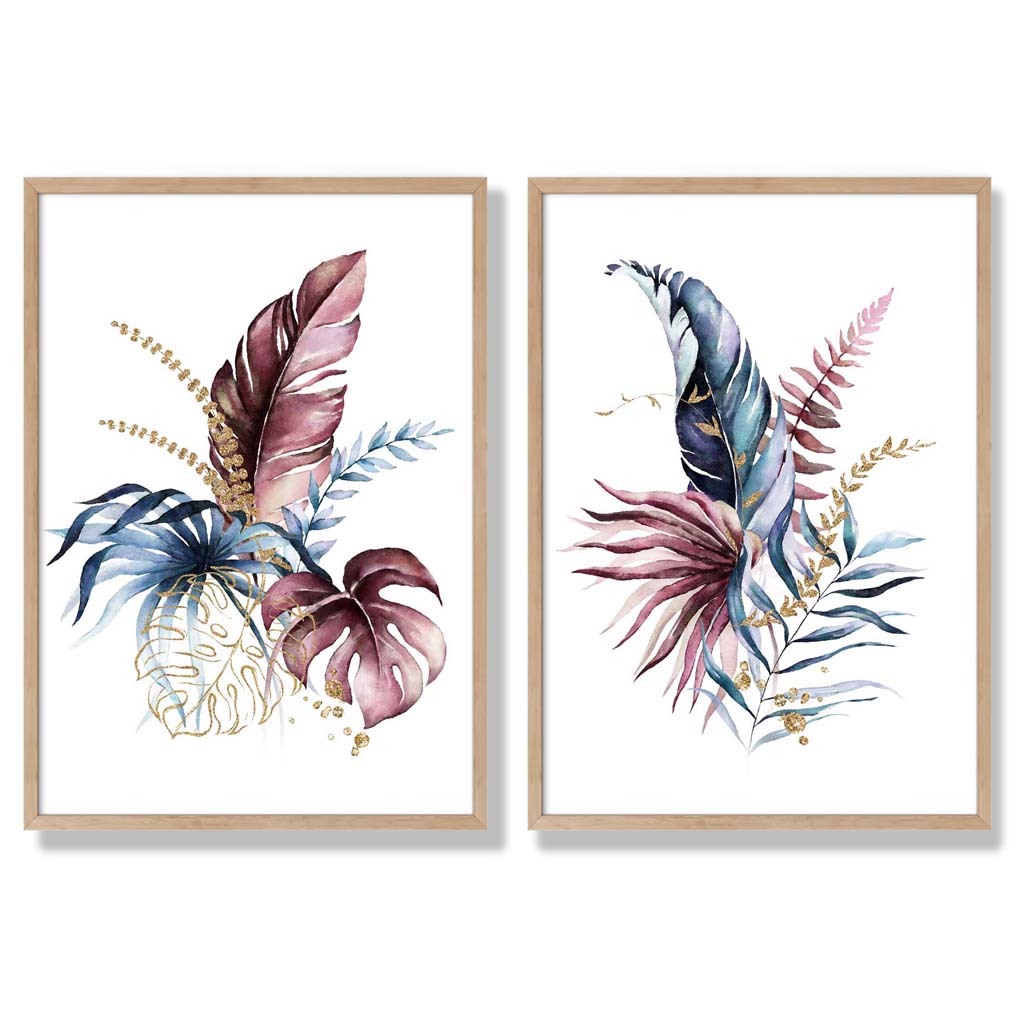 Abstrakt sett med 2 innrammede kunsttrykk med botaniske blader i rosa og blått