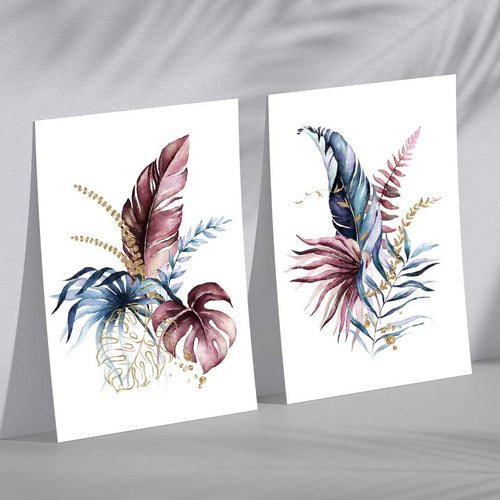 Abstrakt sett med 2 kunsttrykk med botaniske blader i rosa og blått