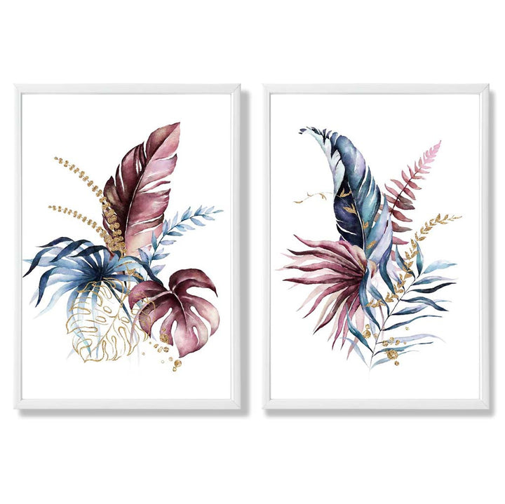 Abstrakt sett med 2 innrammede kunsttrykk med botaniske blader i rosa og blått