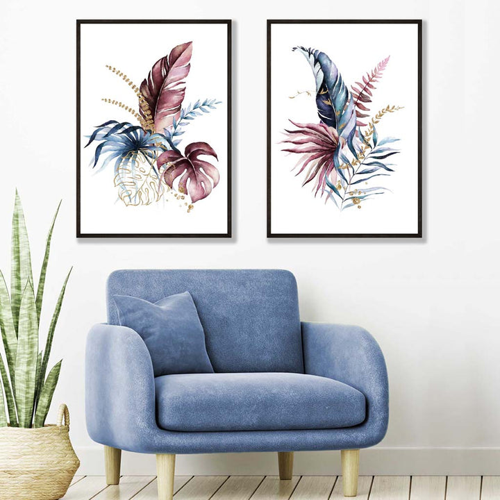 Abstrakt sett med 2 innrammede kunsttrykk med botaniske blader i rosa og blått