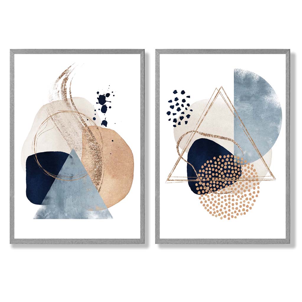 Sett med 2 kunsttrykk i akvarellstil med blå og beige former