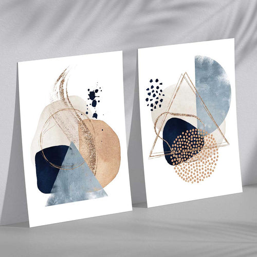 Akvarellformer i blått og beige, sett med 2 kunsttrykk