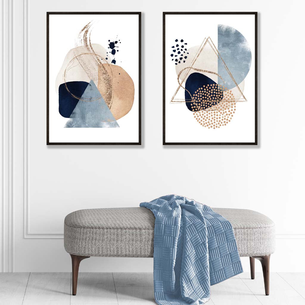 Akvarellformer i blått og beige, sett med 2 kunsttrykk