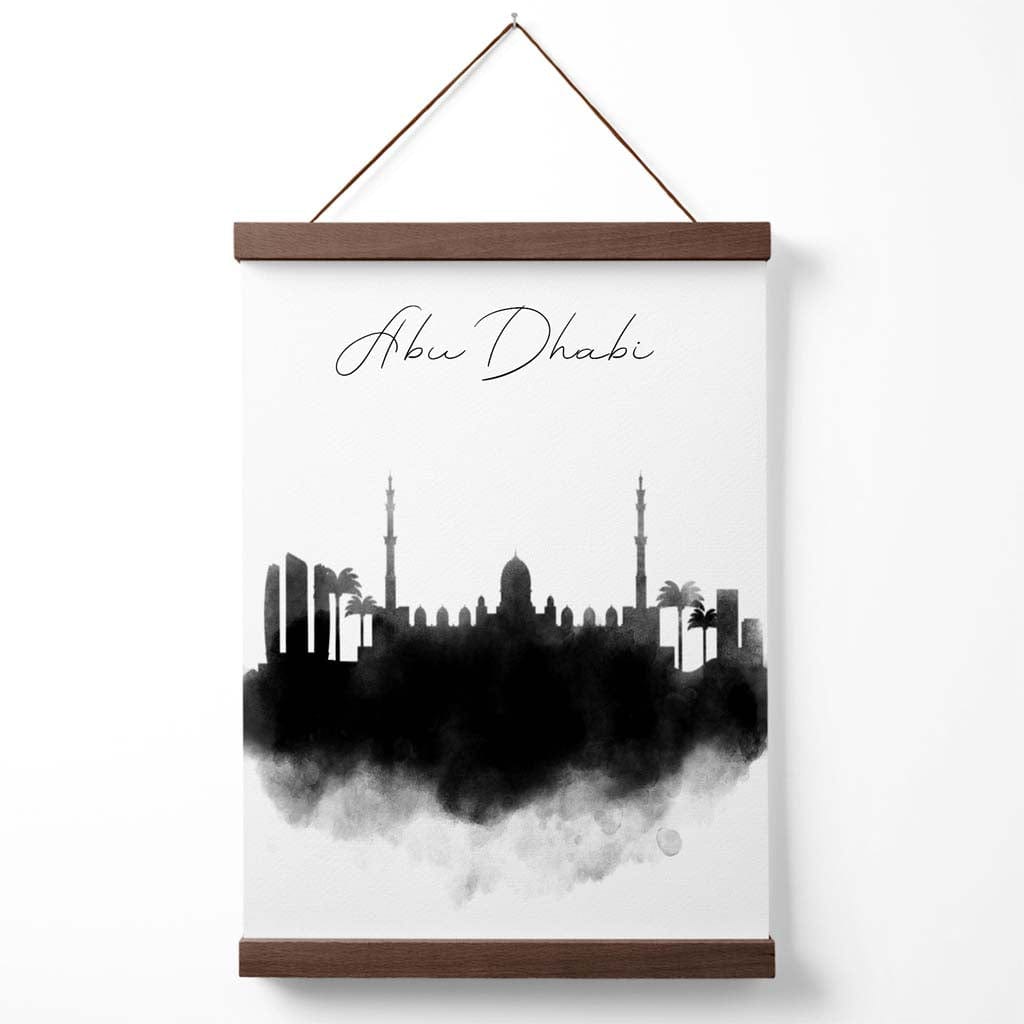 Abu Dhabi akvarell plakat med bysilhuett og oppheng